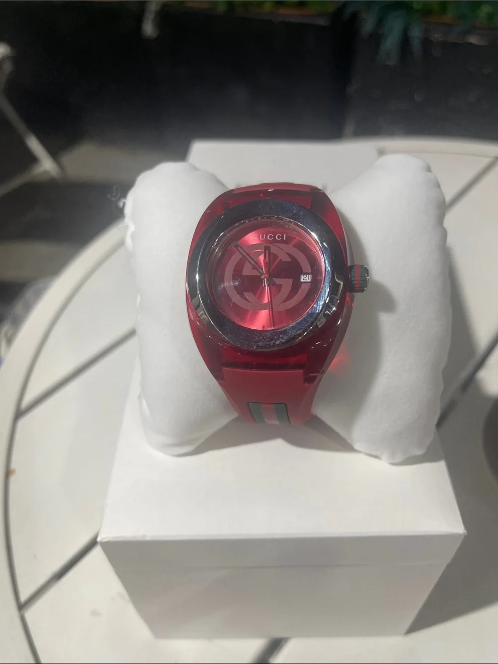 Gucci Red Transparent Silicone Logo Strap Watch with Green-Red Accent